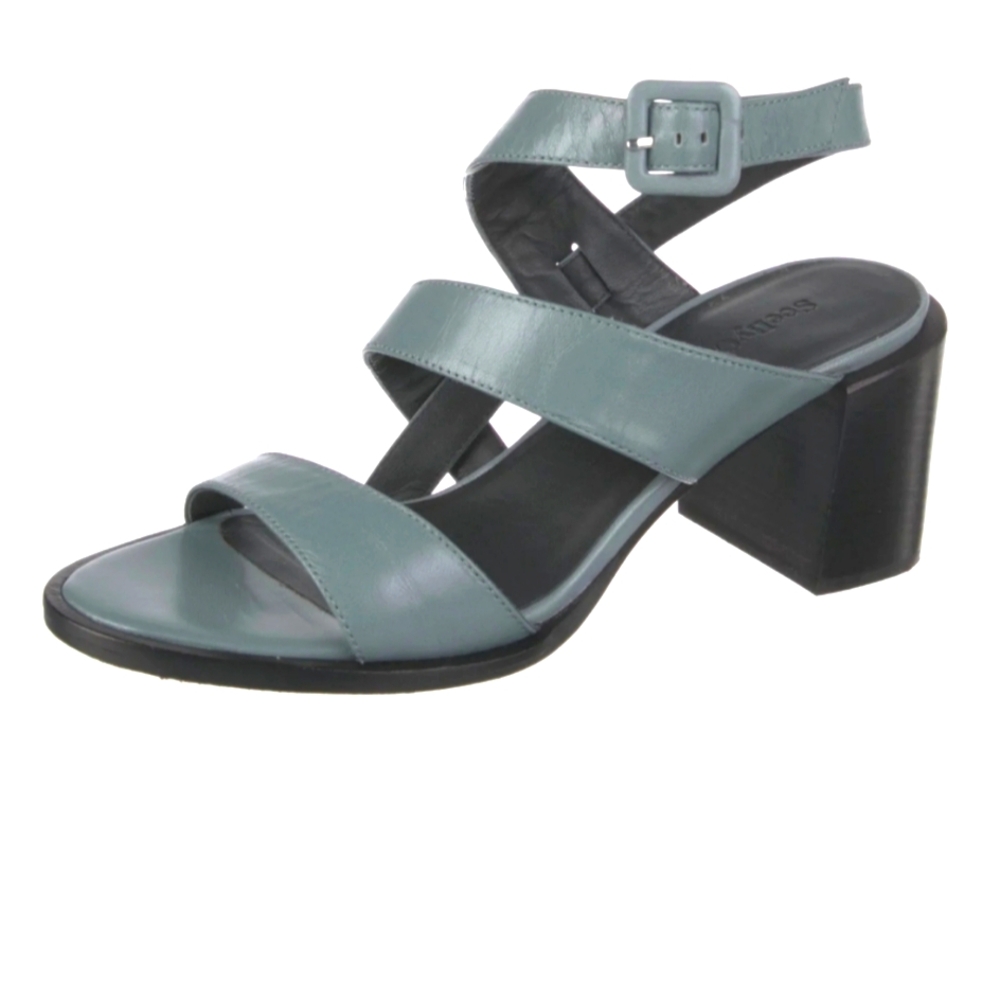 See By Chloe Light Blue Gray Leather Sandals Leather Soles Block Heel Size 38.5